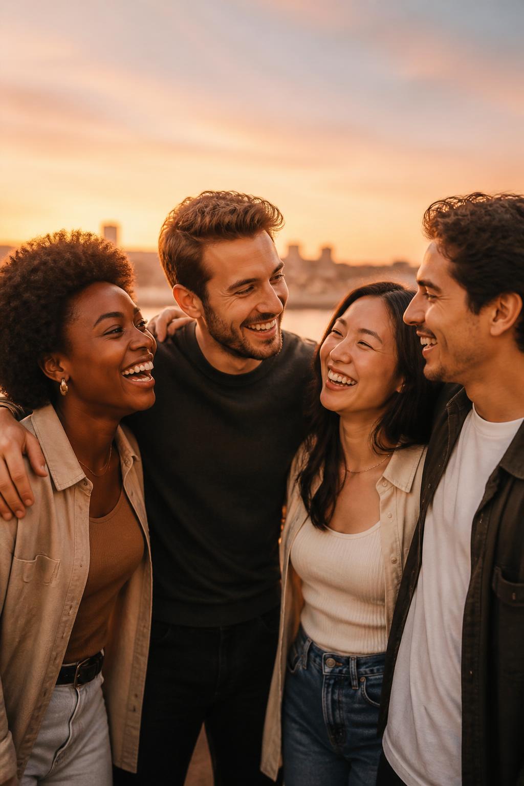 A diverse group of happy singles laughing together at golden hour